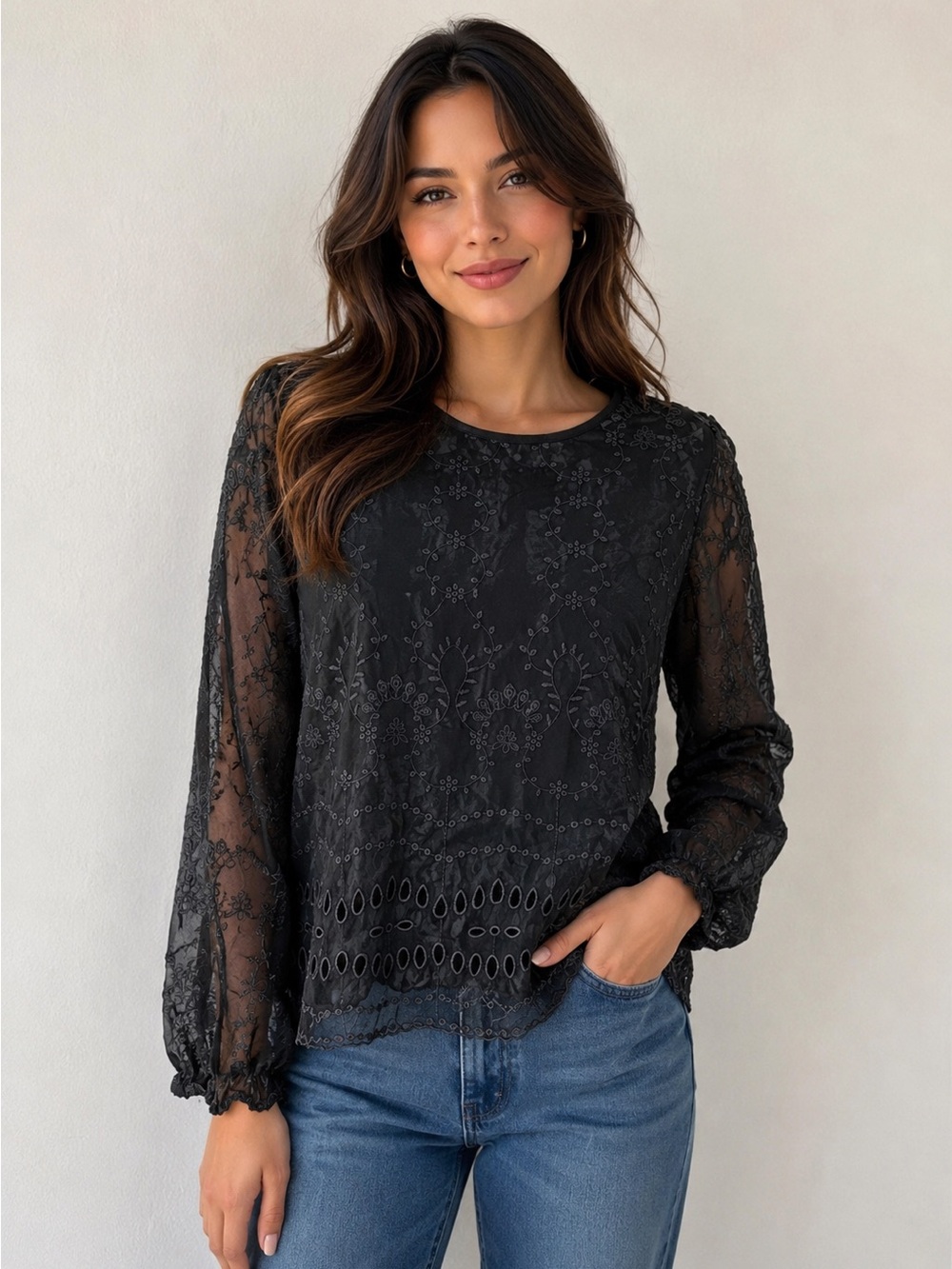 J. Crew Women’s Embroidered Sheer Black Blouse with Eyelit Detail, Small